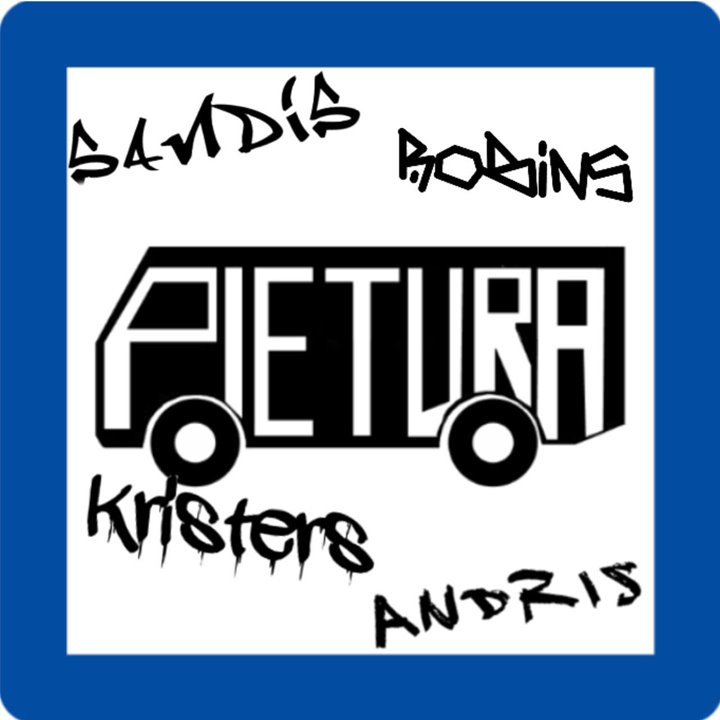 Pietura logo: the word PIETURA drawn as a bus on a blue road sign